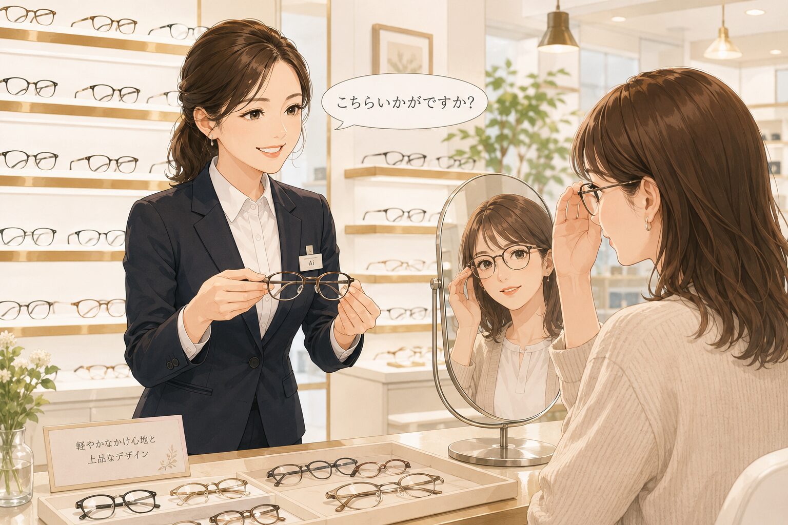 眼鏡店スタッフとして接客するアイ