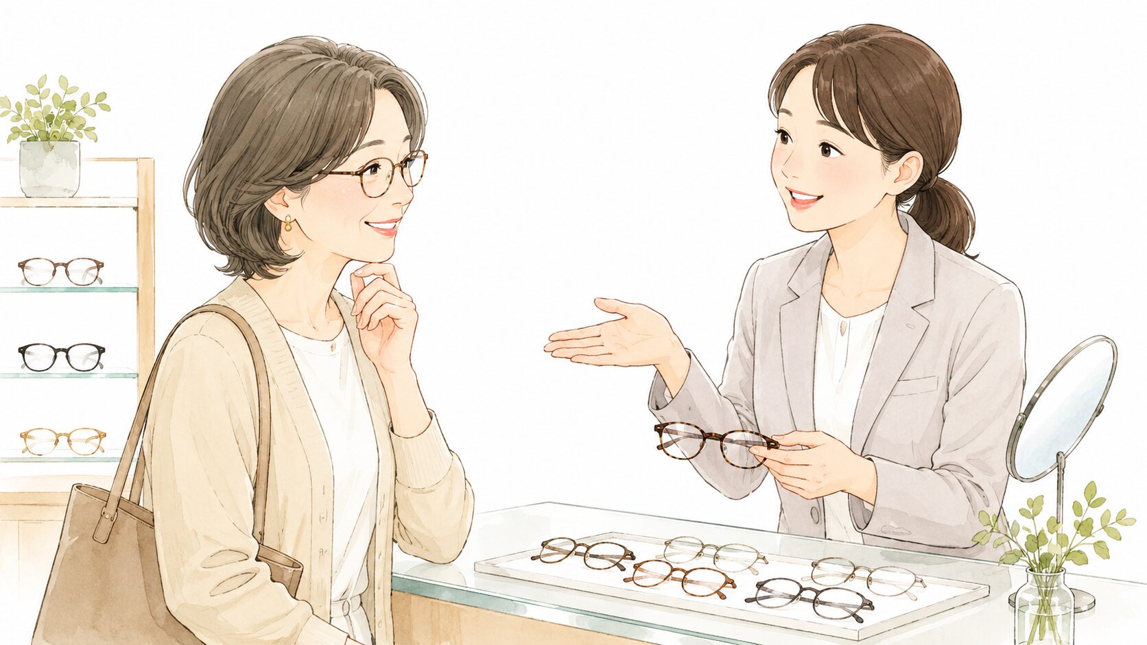 メガネ店スタッフが笑顔でお客さんに遠近両用について丁寧に説明しているシーン