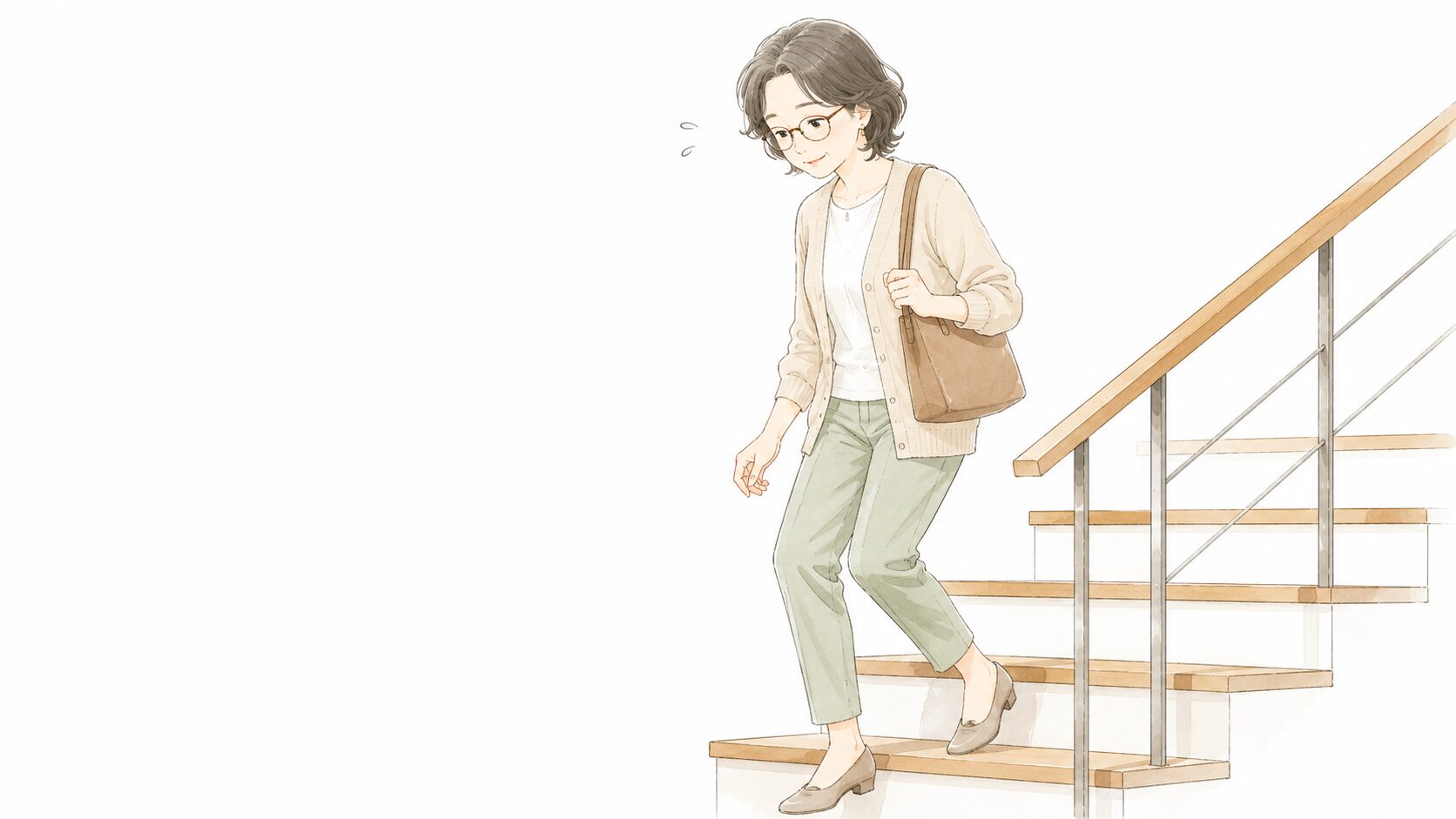 遠近両用メガネをかけた女性が階段を慎重に降りているシーン