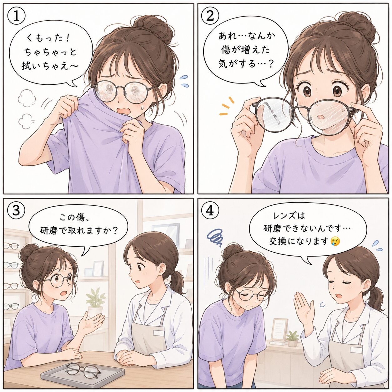 乾拭きあるある4コマ漫画：シャツで拭いて傷が増え、店員に研磨は無理と言われる