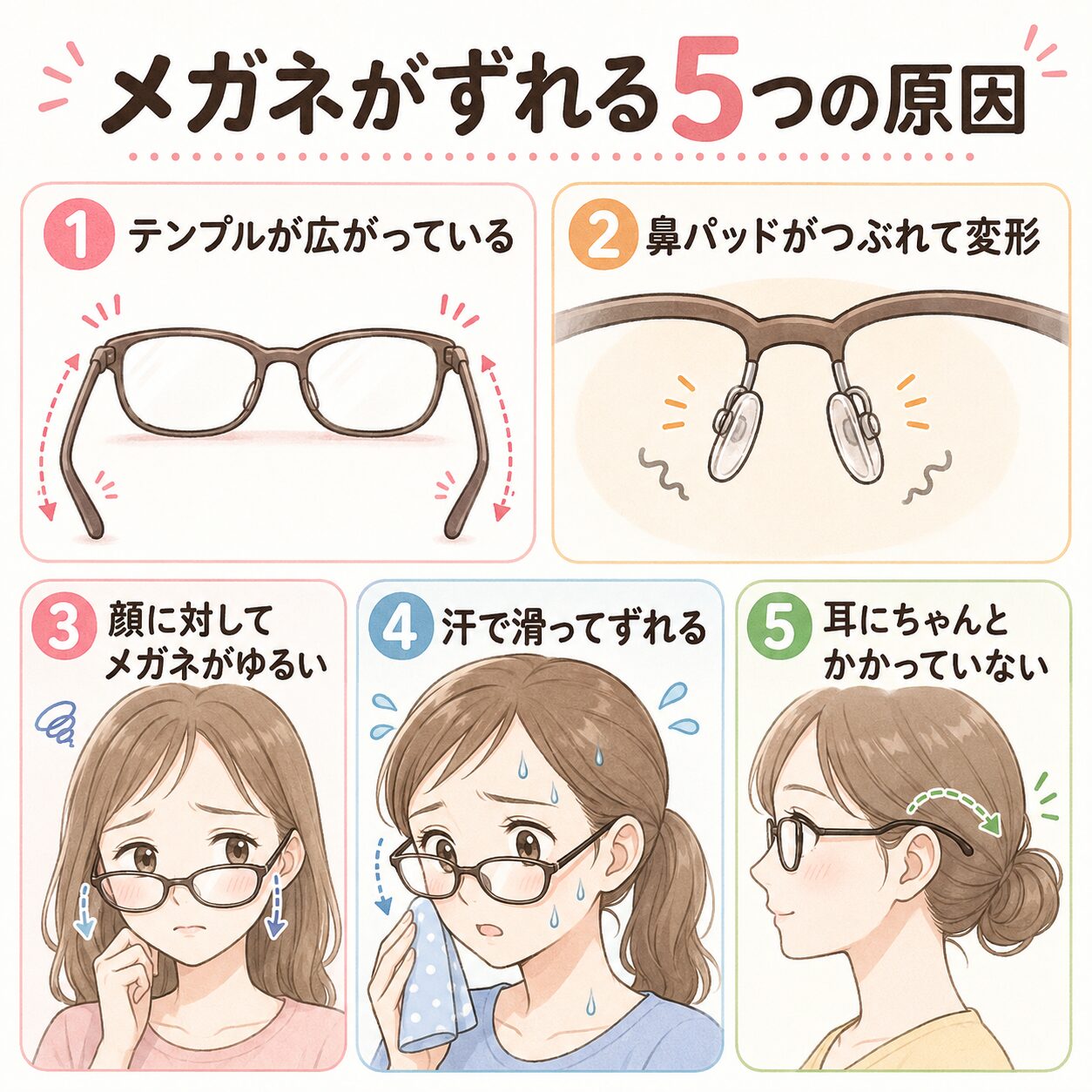 メガネがずれる5つの原因の図解