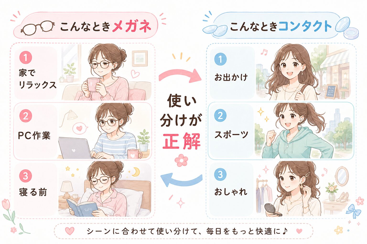 メガネとコンタクトのシーン別使い分け