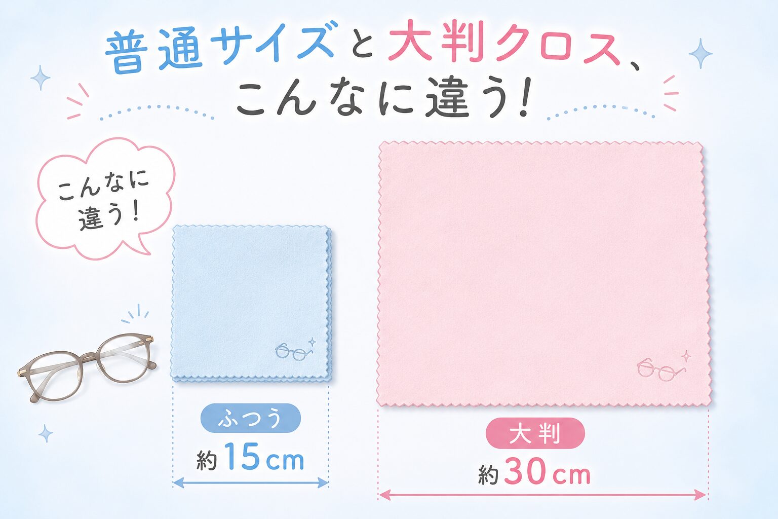 普通サイズと大判メガネ拭きの大きさ比較