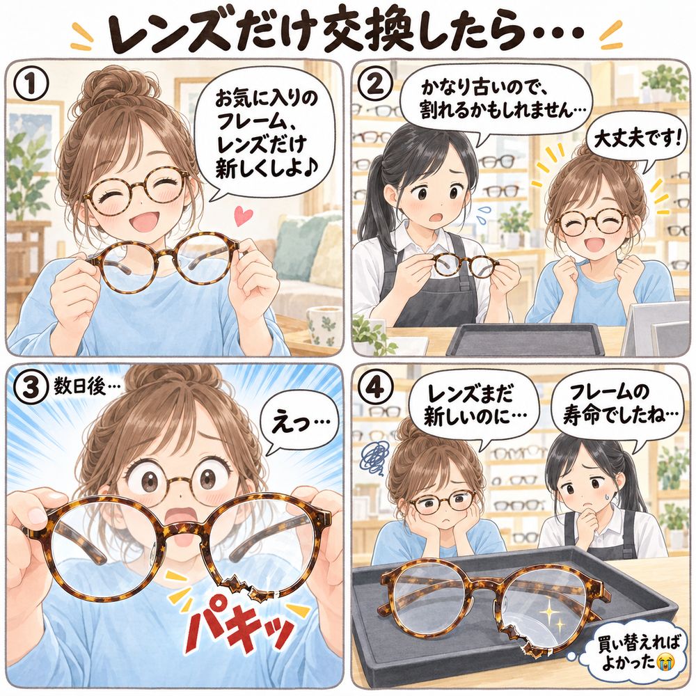 レンズだけ交換したら数日後にリムが割れた4コマ漫画：レンズはまだ新しいのにフレームの寿命だった