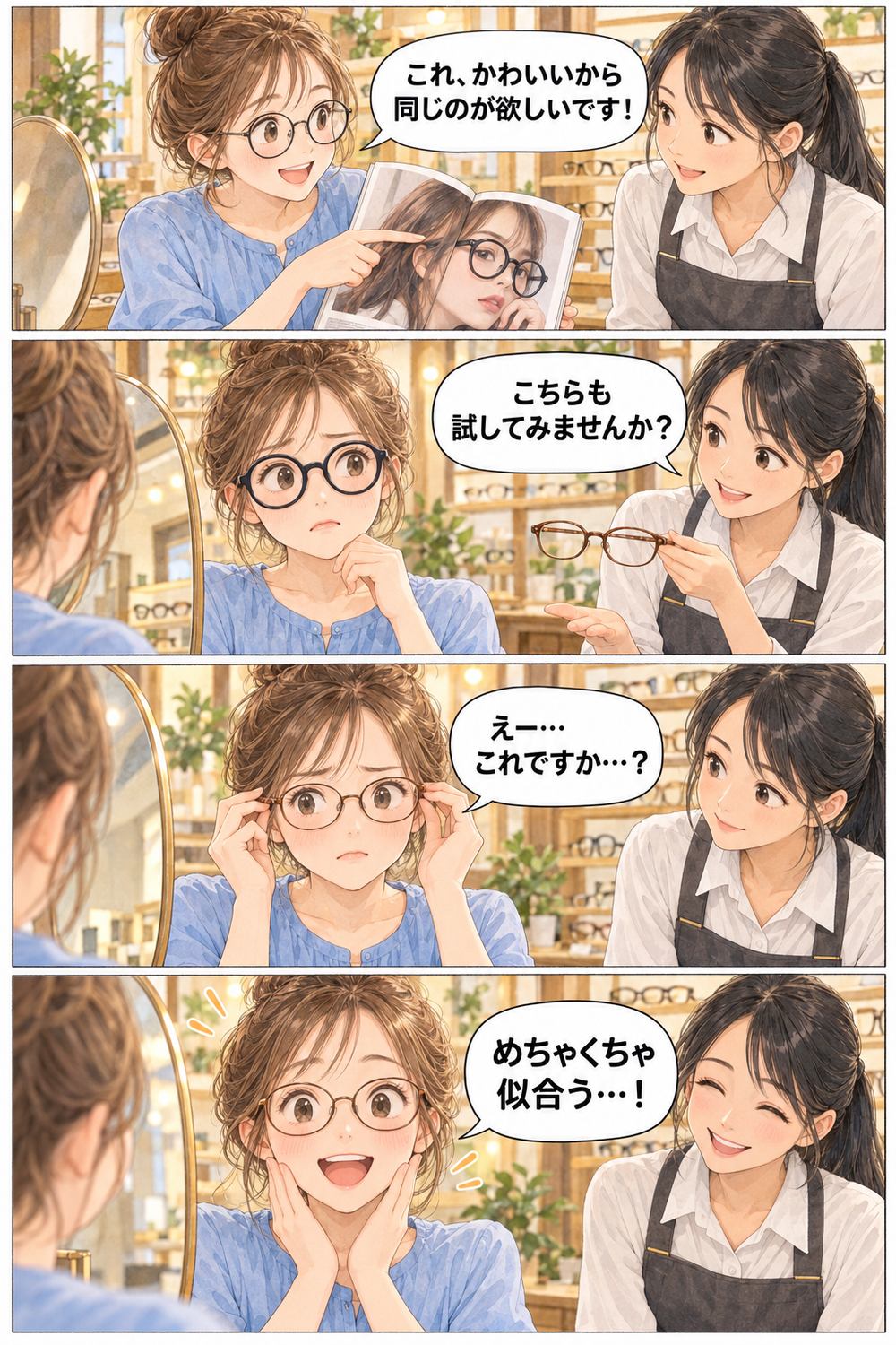 雑誌と同じメガネを欲しがったお客様に店員が別のフレームを提案し、しぶしぶかけたらとても似合った4コマ漫画
