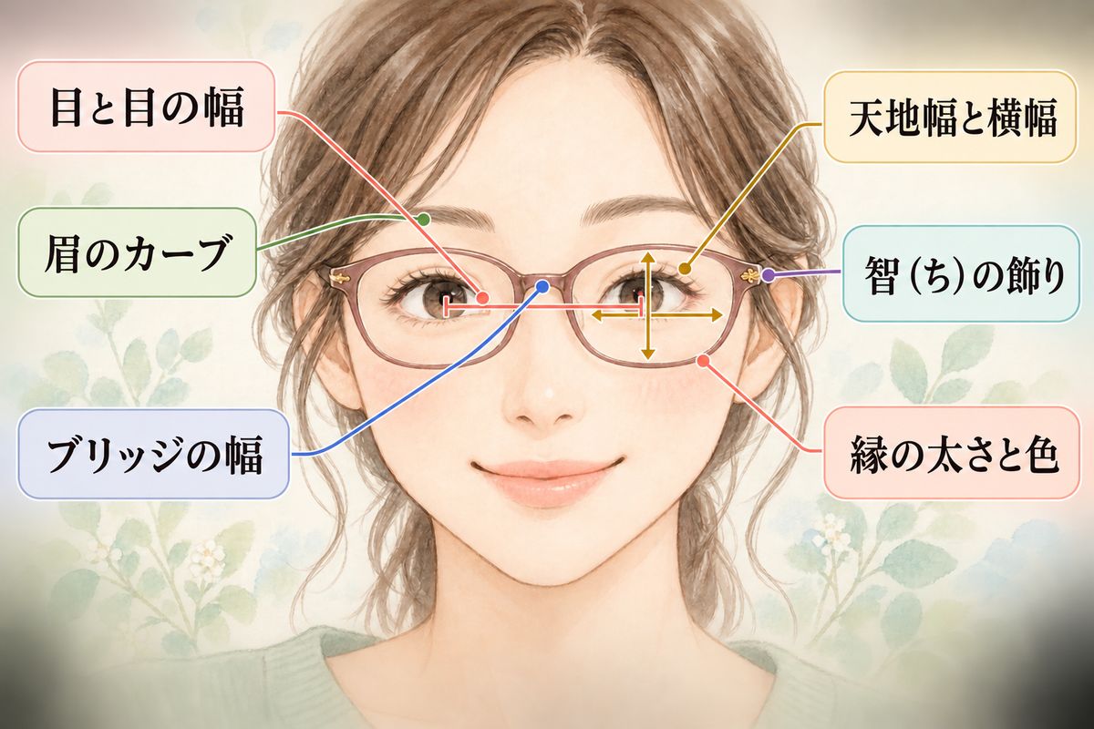 似合うメガネを決める6つのポイント：目と目の幅・眉のカーブ・ブリッジの幅・天地幅と横幅・智の飾り・縁の太さと色